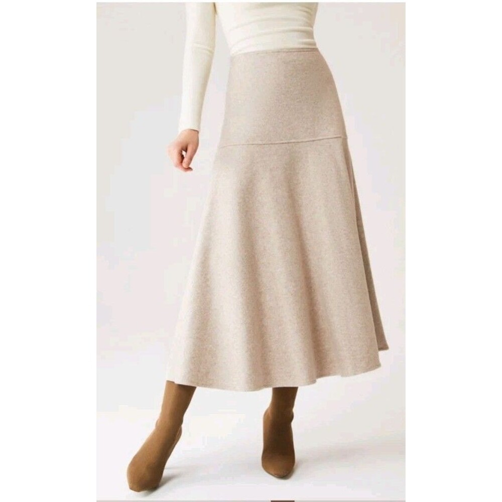 OGL Women Large FuzzLuxe Oatmeal Heather Knit Maxi Skirt Waisted Flared